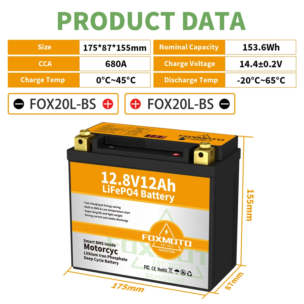 FOX20L-BS 12.8V 153.6Wh CCA 680A BMS Motorcycle Start Battery 12.8V Lithium iron Phosphate Scooter LiFePO4 Batteries YTX20L-BS