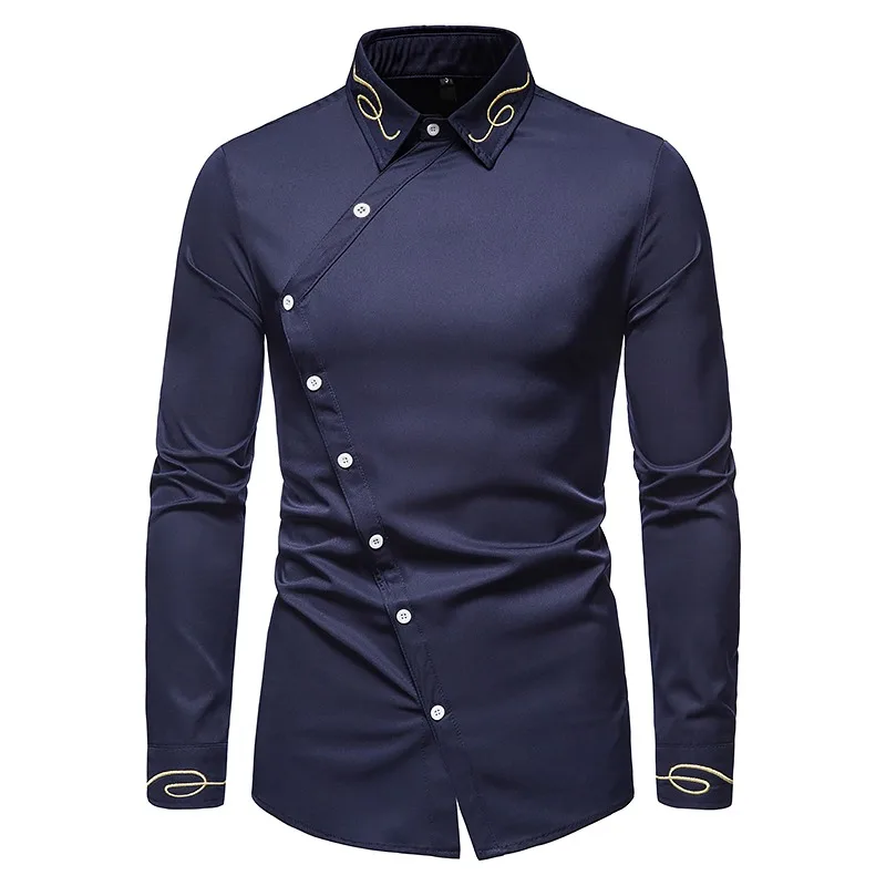 New Hollowed Out European Size Men's Trendy Embroidered Asymmetrical Long Sleeved Shirt Western Denim Shirt