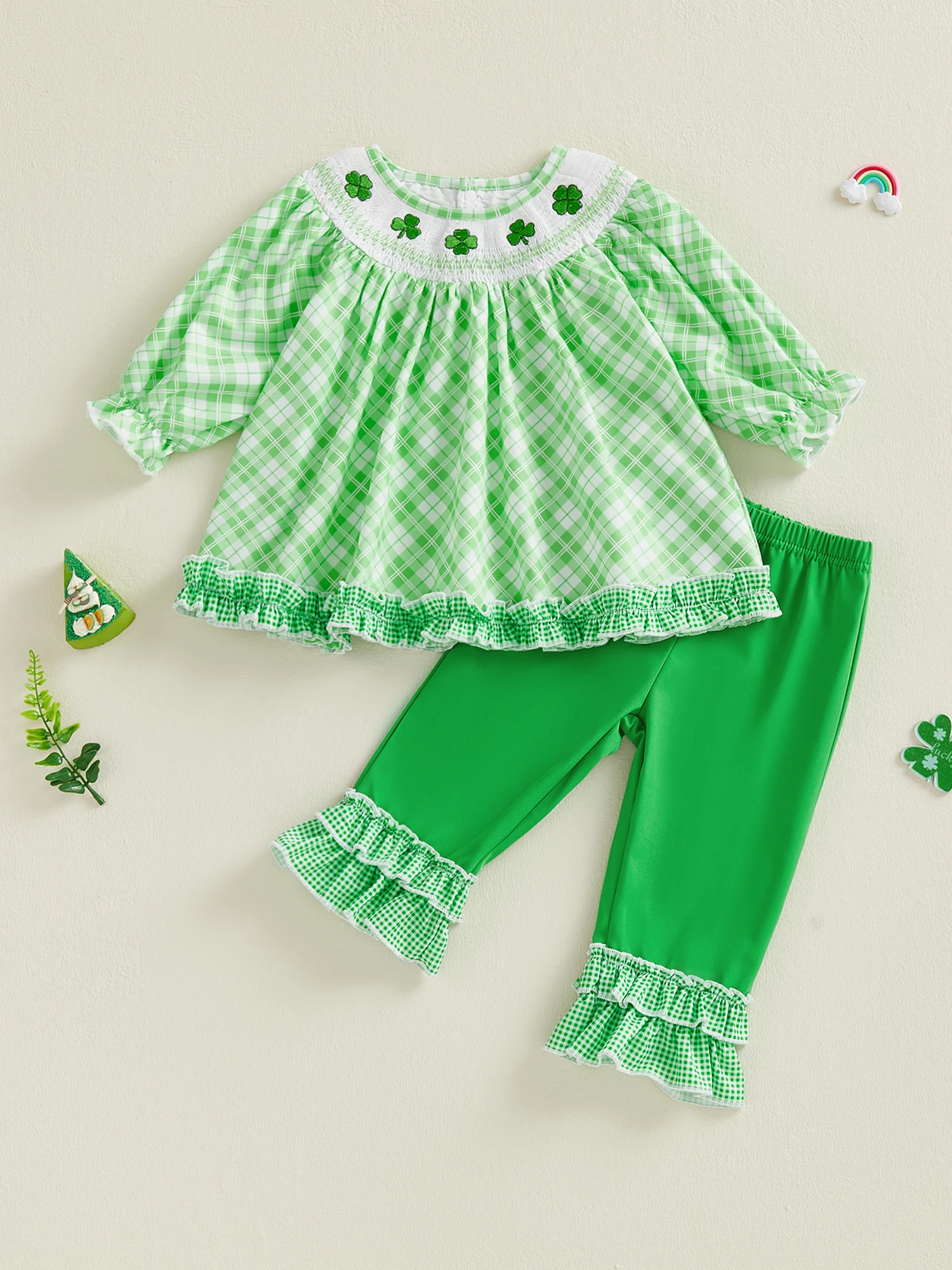 

Зеленое платье с принтом трилистника для маленьких девочек на День Святого Патрика, подходящая повязка на голову и леггинсы, весенний комплект из трех предметов