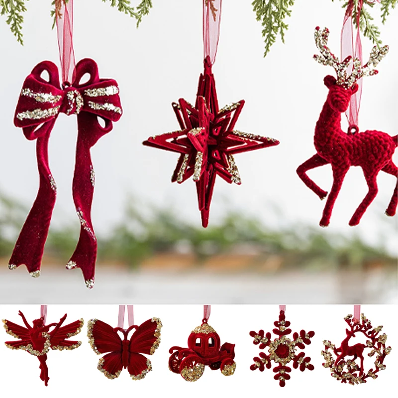 

New Christmas Elk Ornament Red Velvet Flocking Deer Pendant with Garland Snowflake Design for Tree Hanging Home Party Decoration