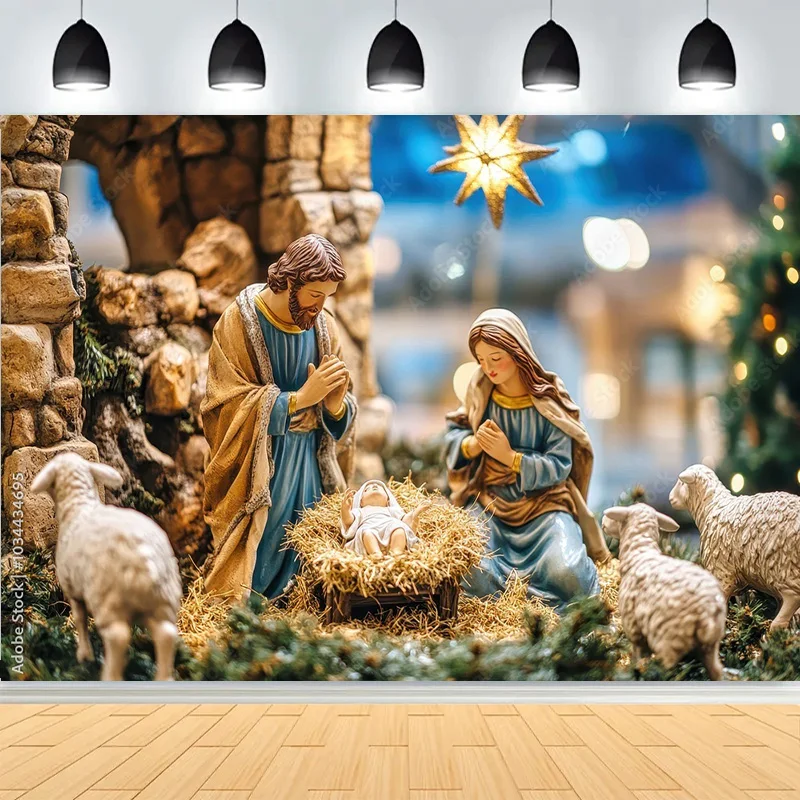 Manger Nativity Scene Background Mary Joseph Baby Jesus in a Rustic Sunset Shepherds Prayer Faith Photography Backdrops JU-01