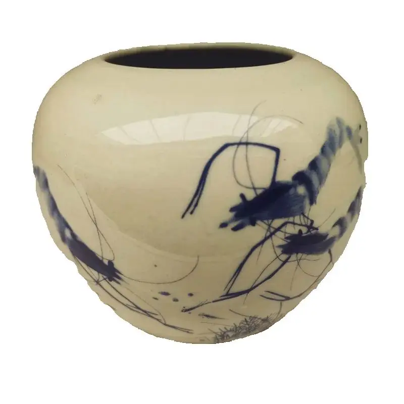 Blue White Shrimp Pattern round Storage Tank China Old Porcelain Collection Vase Antique Decorative Jar