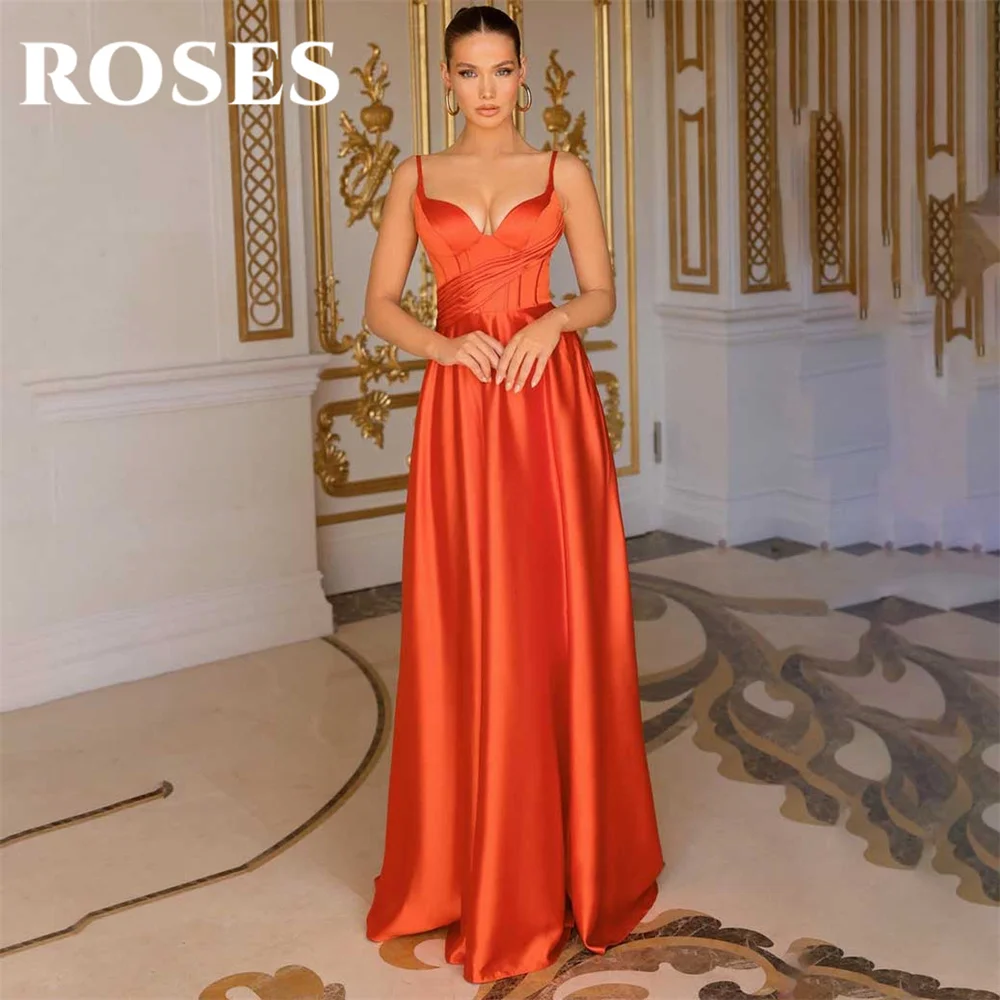 

ROSES Orange Prom Dresses Sweetheart Beach Satin Evening Dresses Spaghetti Strap Party Dress with Pleats Satin Robe De Soirée