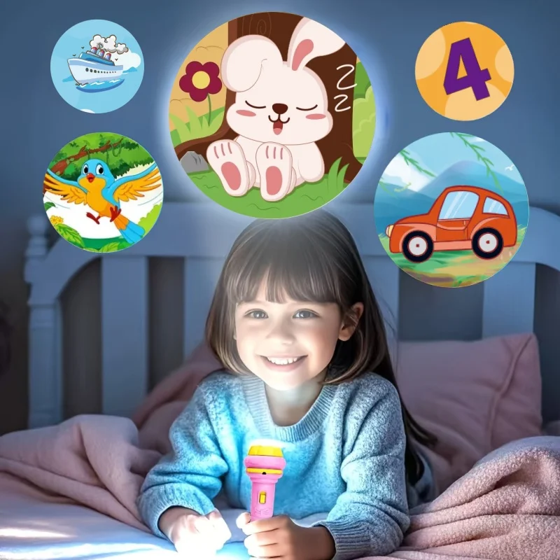 Lanterna led de projeção iluminada com 56 padrões, quebra-cabeça de bebê, ensino de cognição, conhecimento precoce, padrão animal, história para dormir
