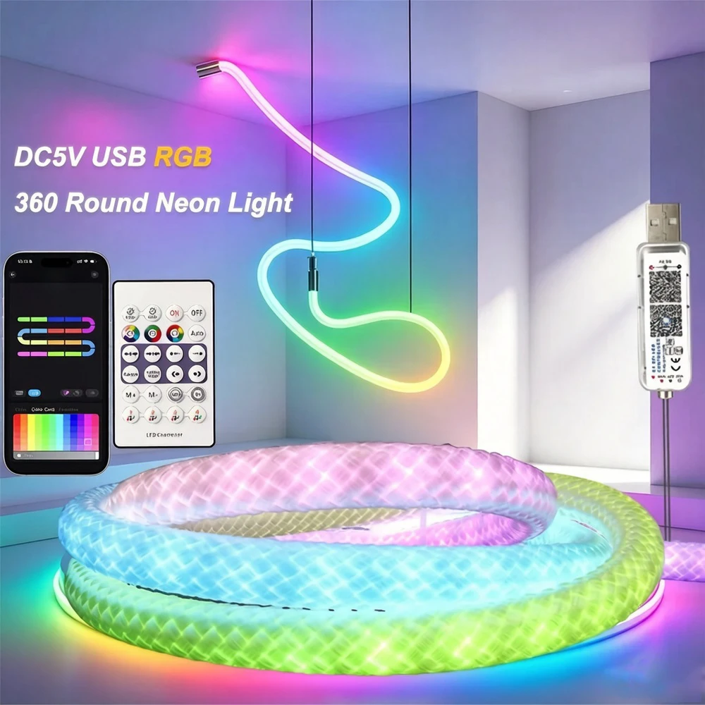DC5V Round Reticulate Pattern Neon LED Strip 360 Degree Smart RGB Flexible Silicon Light Tape Rope for Room Outdoors Decor