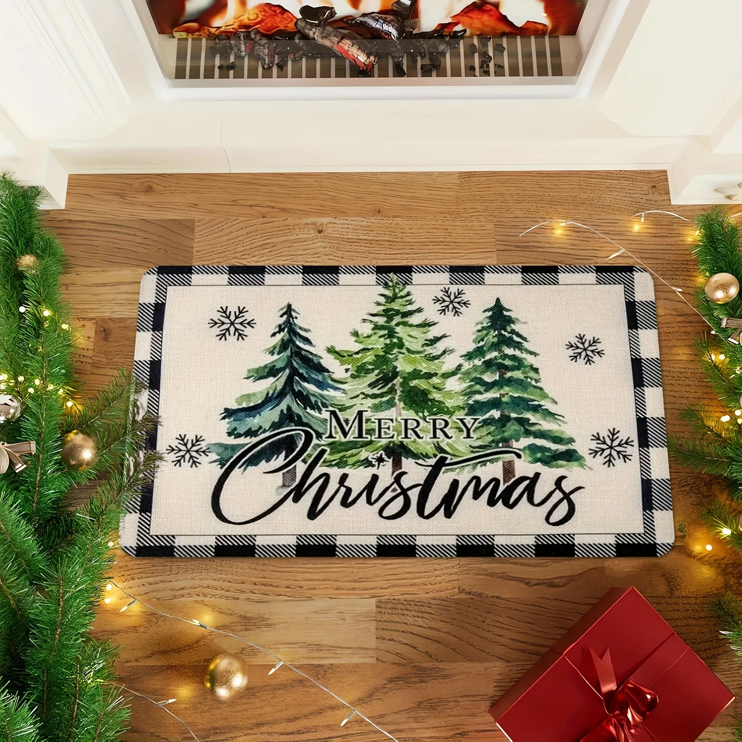 Christmas Tree Gift Print Thickened Doormat, Farmhouse Country Style Flannel Rug for Indoor Outdoor Multi-Room Decor