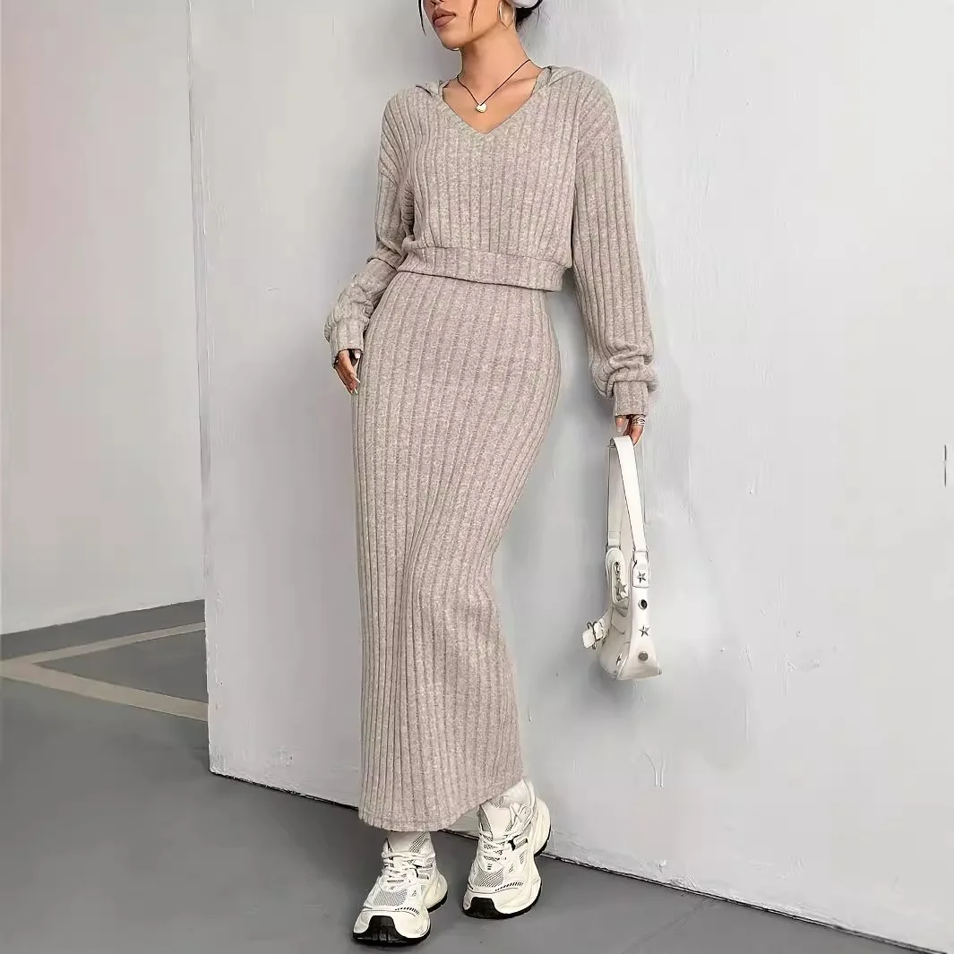 2024 Autumn/Winter New Style Casual Commuting Knitted Long Sleeve Set Hoodie Loose Dress Two Piece Set