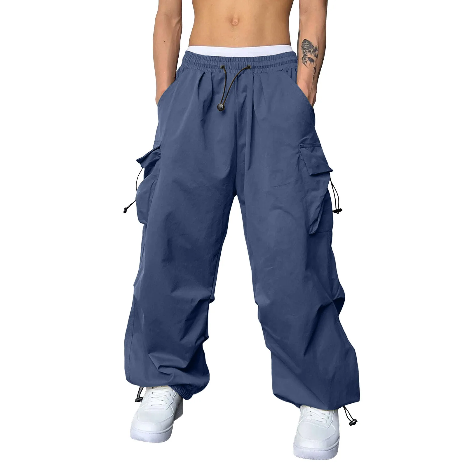 

Men Cargo Pants Casual High Waist Solid Color Summer Sports Woven Pocket Foot Rope Pants Street Hip Hop Cargo Sweatpants