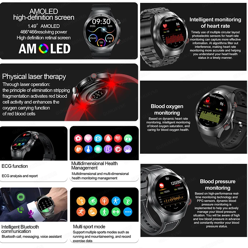 2024 New Men Iaser Therapy Noninvasive blood glucose blood fat Smart Watch Uric Acid ECG+PPG Bluetooth Call Health Smartwatch