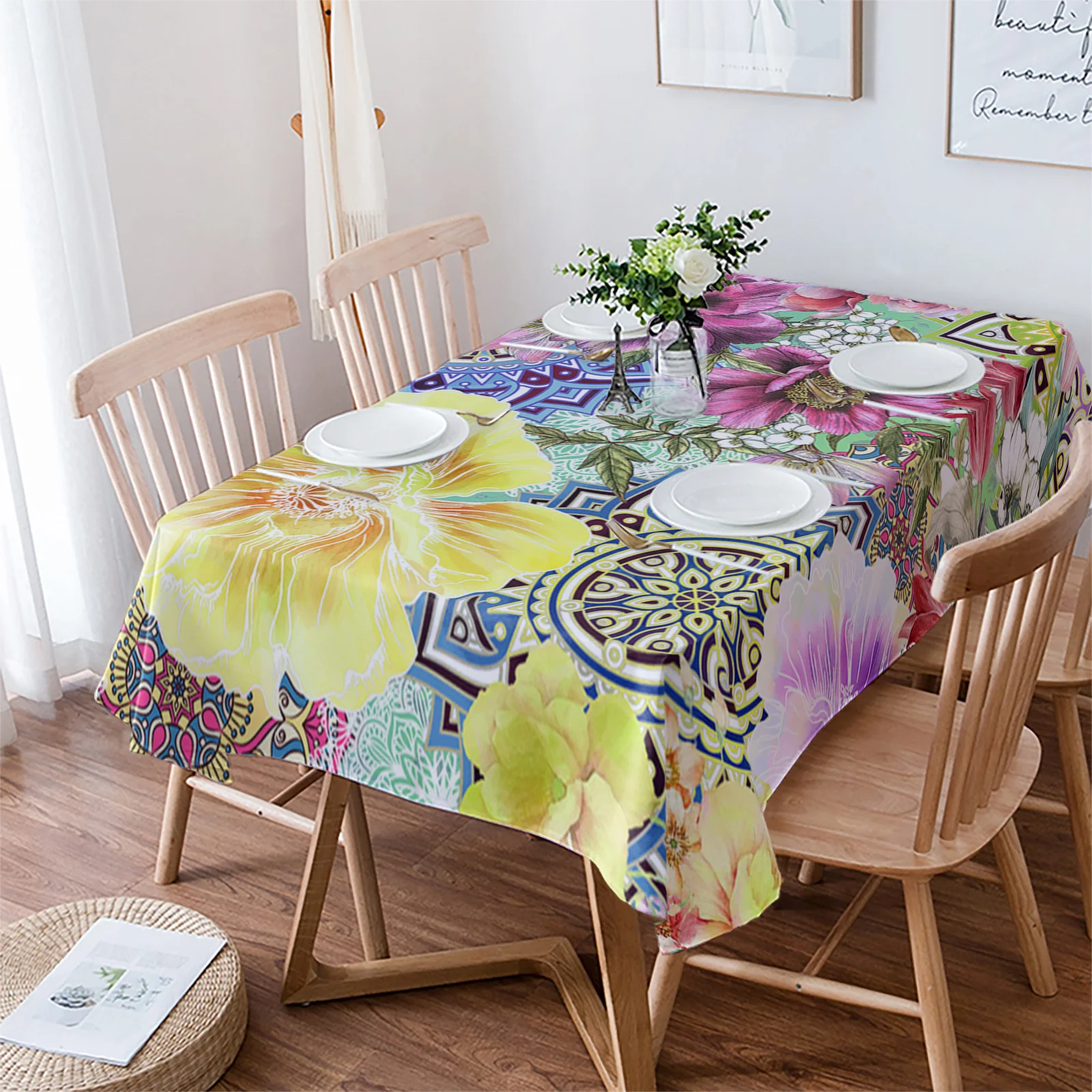 

Boho Mandala Flower Peony Tablecloth Waterproof Dining Table Party Rectangular Round Tablecloth Home Textile Kitchen Decoration