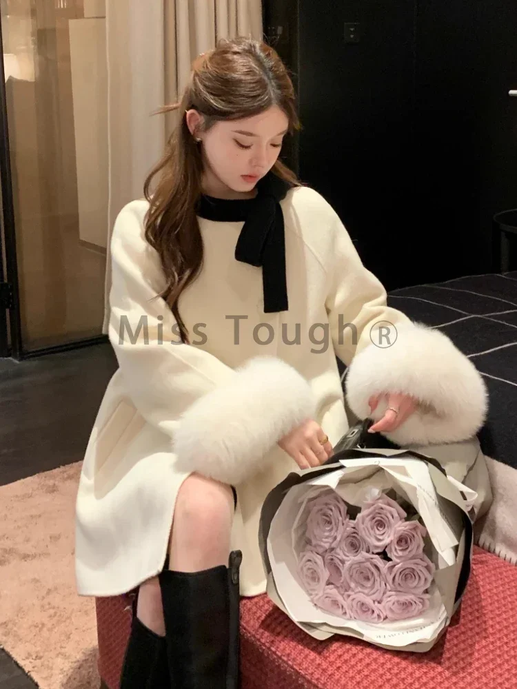 Japanese Elegant Loose Warm Coat Women Bow Casual Solid Vintage Party Tops Female Korean Fashion Chic Overcoat Clothing 2023 New