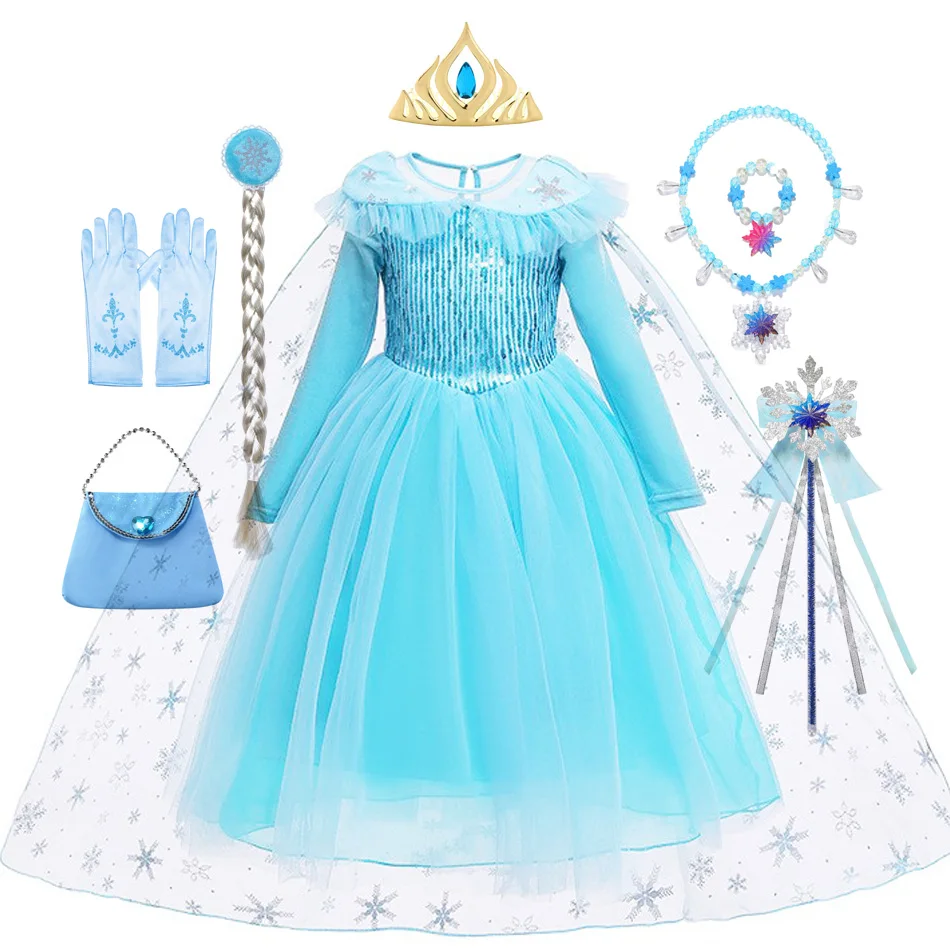 Girls Dresses Kids Princess Costume Halloween Birthday Party Long Cloak Cosplay Elsa Dress Long Sleeve 4 5 6 7 8 9 10 Years