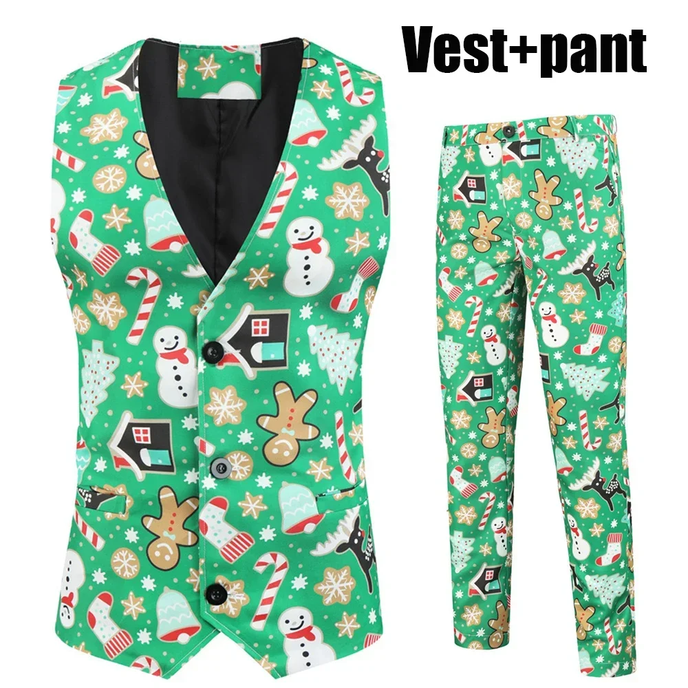 Men Fashion Christmas Printed Suit Two-piece Dress Suits (Pants + Vest) Luxury Business Casual Wedding Formal Party Classic Suit