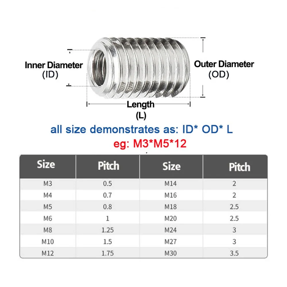 Adaptador de rosca interior y exterior, Tuercas de tornillo, manga de inserción, acoplador de tuerca, convertidor, M5, M2, M3, M4, M6, M8, M10, M12,