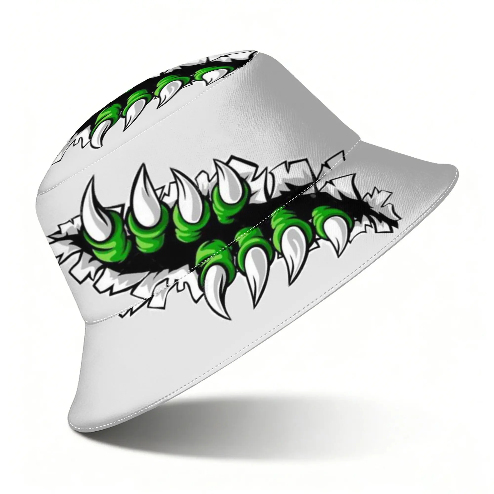 Customization 1pc Monster Mouth Green Fangs Bucket Hat Outdoor Caps For Men Women Green Neon Bucket Hat