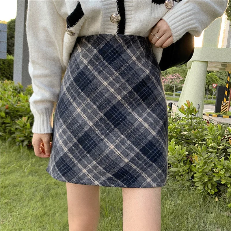 

Korean Y2K Girls Mini Plaid Skirts Autumn Winter Thick Tweed High Waist A-line Long Skirts for Women Gothic Streetwear Clothing