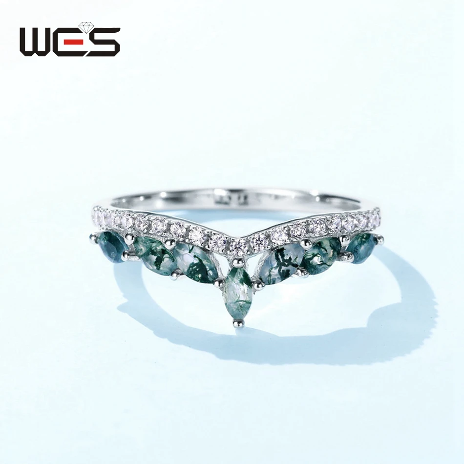 WES 925 Sterling Silver Leaf Shaped Natural Moss Agate Rings 2*4mm Gemstone Engagement Lady Gift Sparkling CZ Jewelry Wholesale