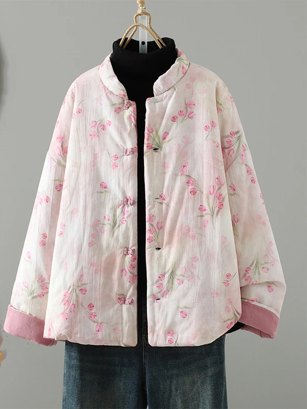 

Retro Floral New Chinese Sle Women's Cotton Jaet Coat Stand Collar Buttoned Thiened Long Sve Warm Cotton Clothes