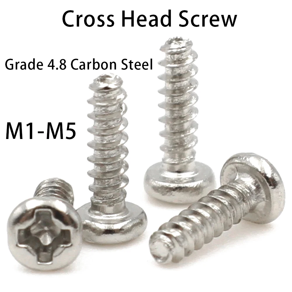 

100pcs Nickel-Plated Carbon Steel M1 M1.2 M1.4 M1.7 M2 M3 M4 M5 Cross Recessed Round Head Self-Tapping Screw YB845