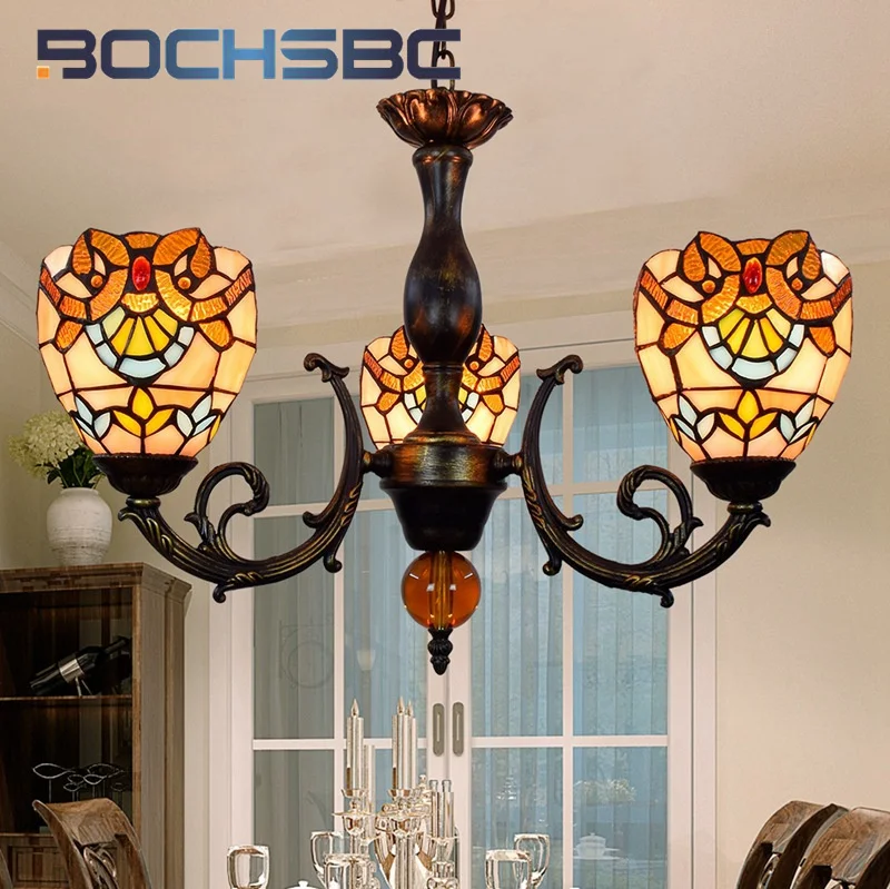 BOCHSBC Tiffany style stained glass Yellow Baroque 3 head chandelier Pendant lamp Restaurant Bedroom Corridor Bar Cafe LED decor