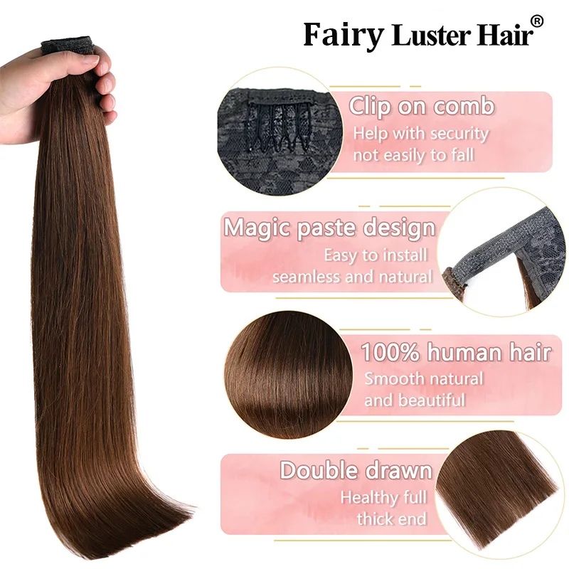 Rechte Paardenstaart Human Hair Extensions Remy Hair Machine Gemaakt Magische Wikkel Rond Clip In Paardenstaart Menselijk Haar Extensions Bruin 4 #