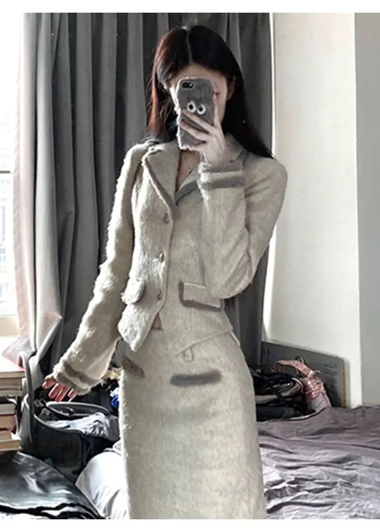 Korea Women's Contrast Color Hook Edge Suit Jacket Hip Skirt Suit Retro Waist Woolen Blazer Overskirt Two-piece Sets