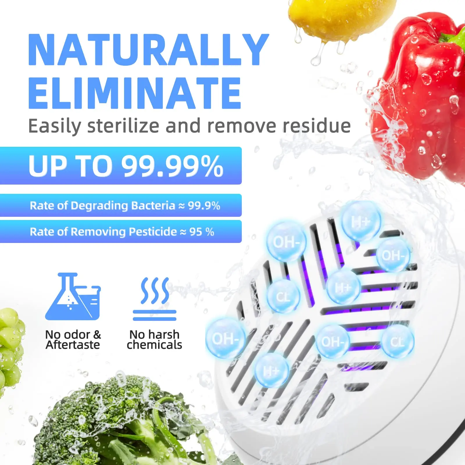 Fruit and Vegetable Washing Machine Fruit Cleaner Device in Water IPX7 Produce Purifier with OH-ion Purification Technology