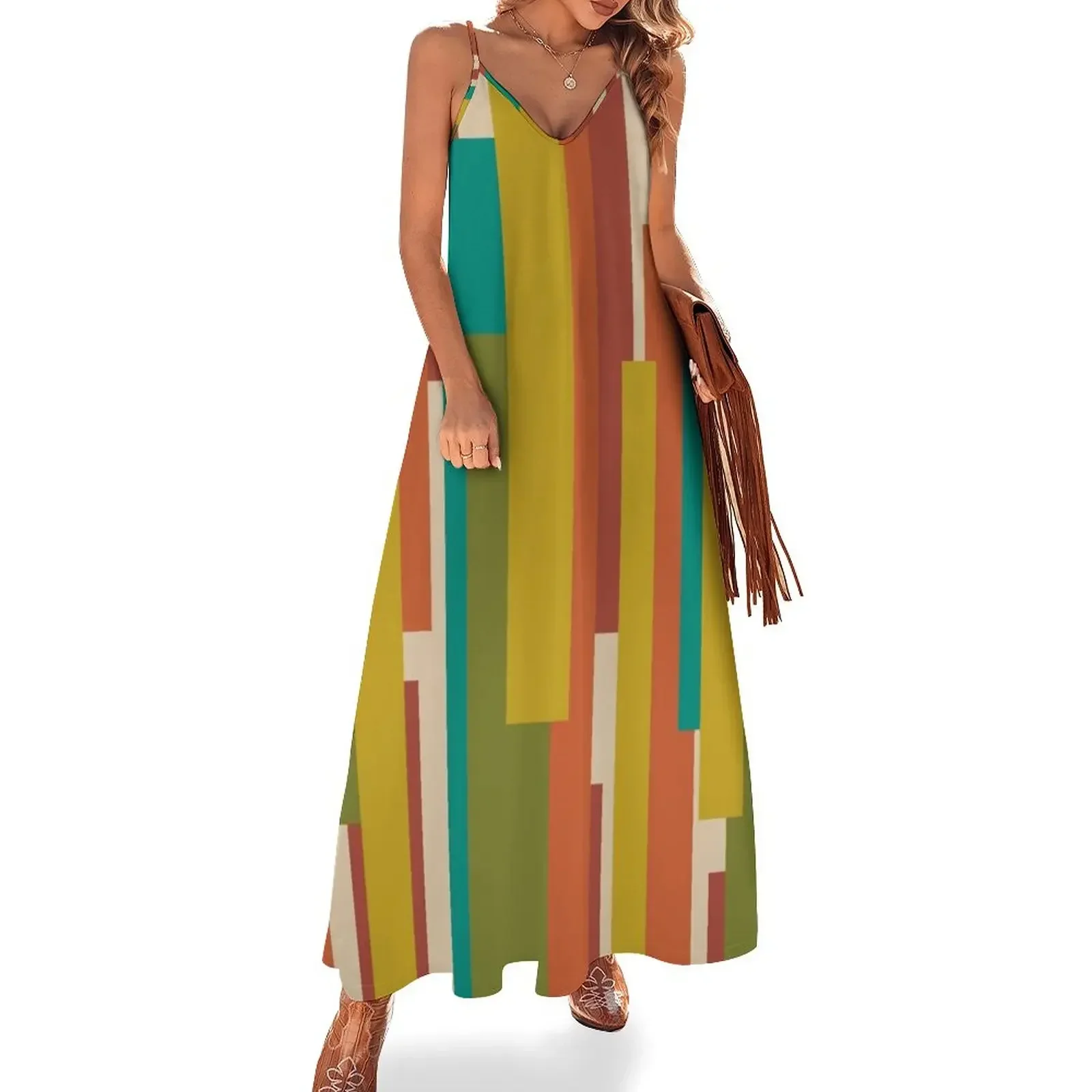 

Midcentury Modern Vertical Geometric Pattern in Mid Mod Teal, Olive, Mustard, Orange, and Beige Sleeveless Dress