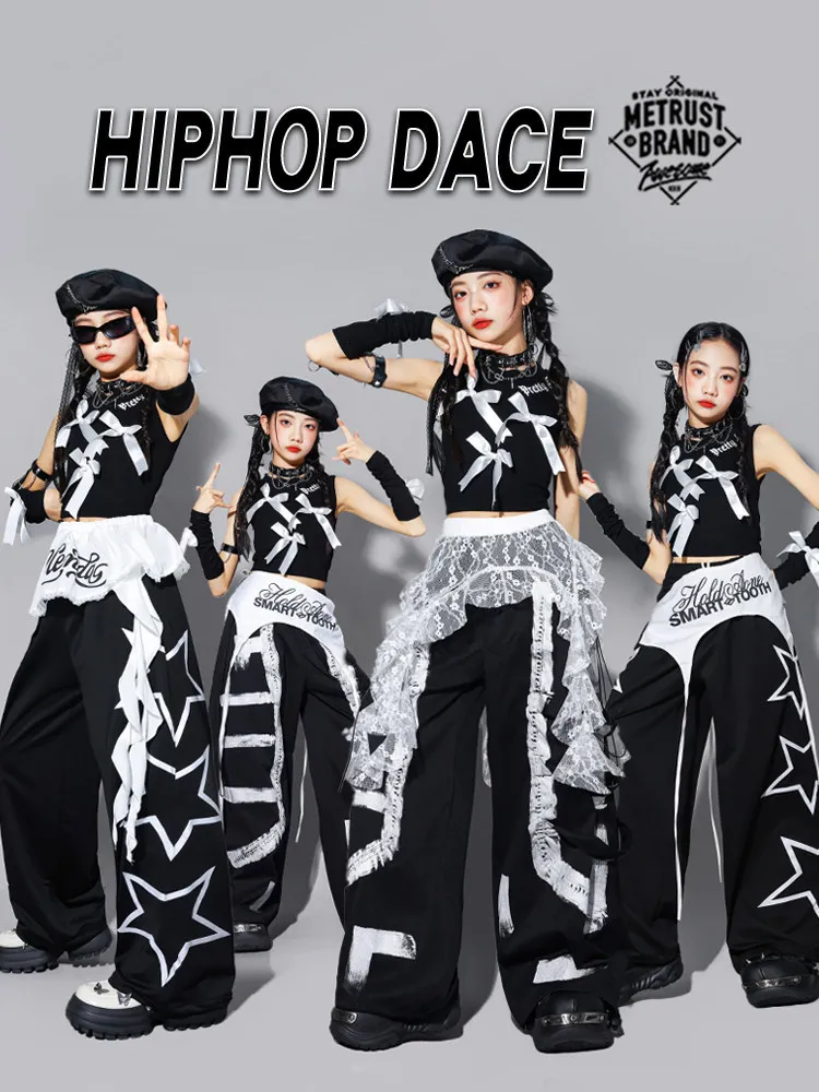 Girls K-pop Modern Bow Crop Top Dance Joggers Cargo Pants Kids Hip Hop Streetwear Costumes Children Jazz Girl Group Clothes Sets