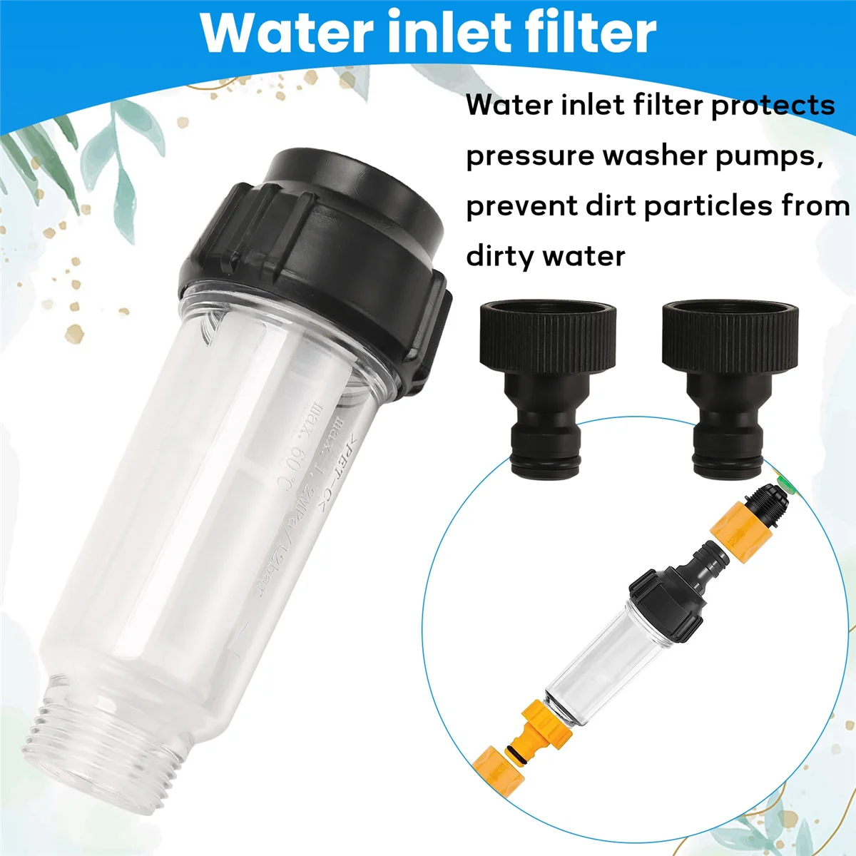 AB53 Water Filter Garden Hose, 3/4 Inch Water Pre-Filter Water Filter Set with 5 Filter Inserts + 2 Quick Adapters