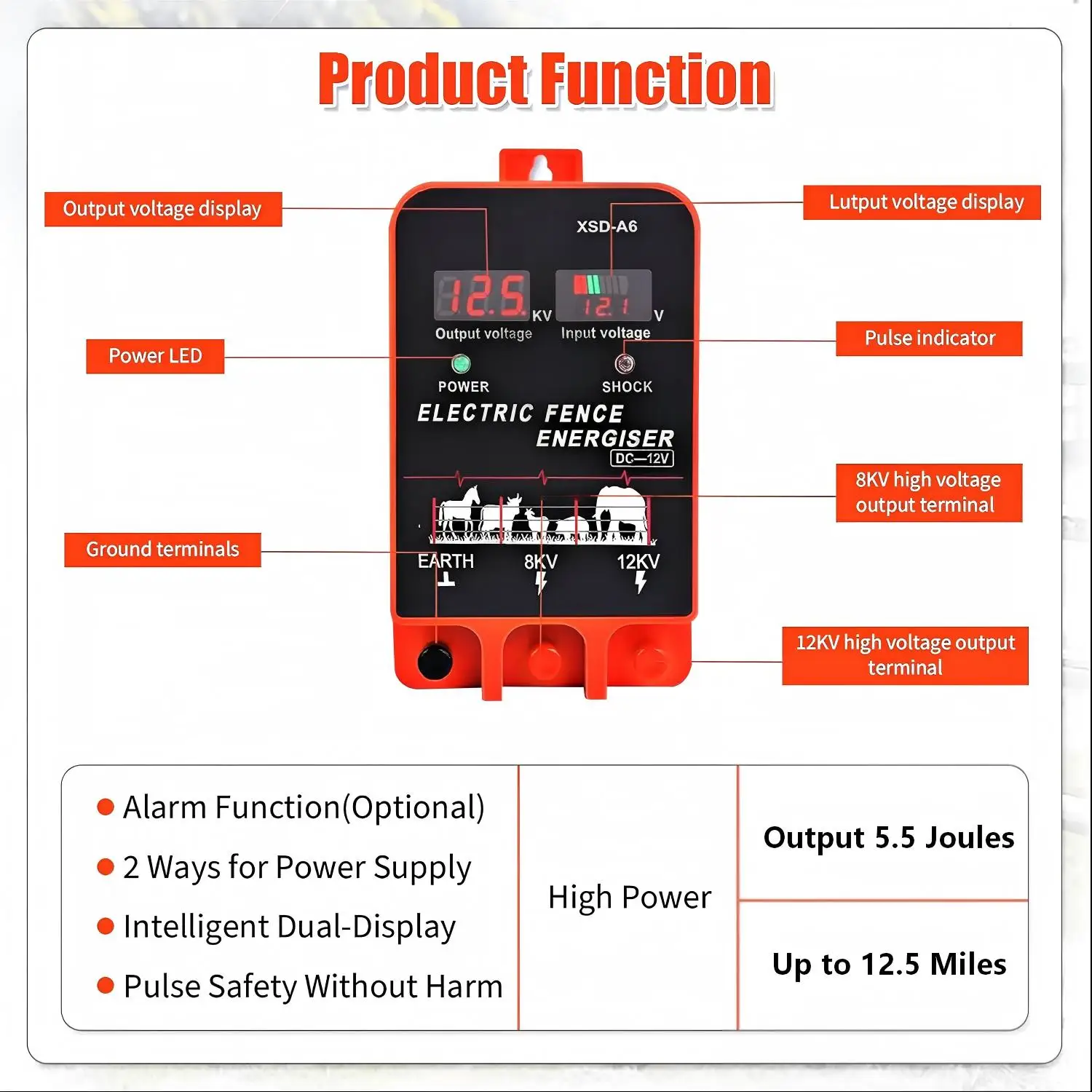 20KM Electric Fence Energizer 5.5 Joule LCD Display 12V Farm Livestock Controller with Alarm Function for Animal Farming