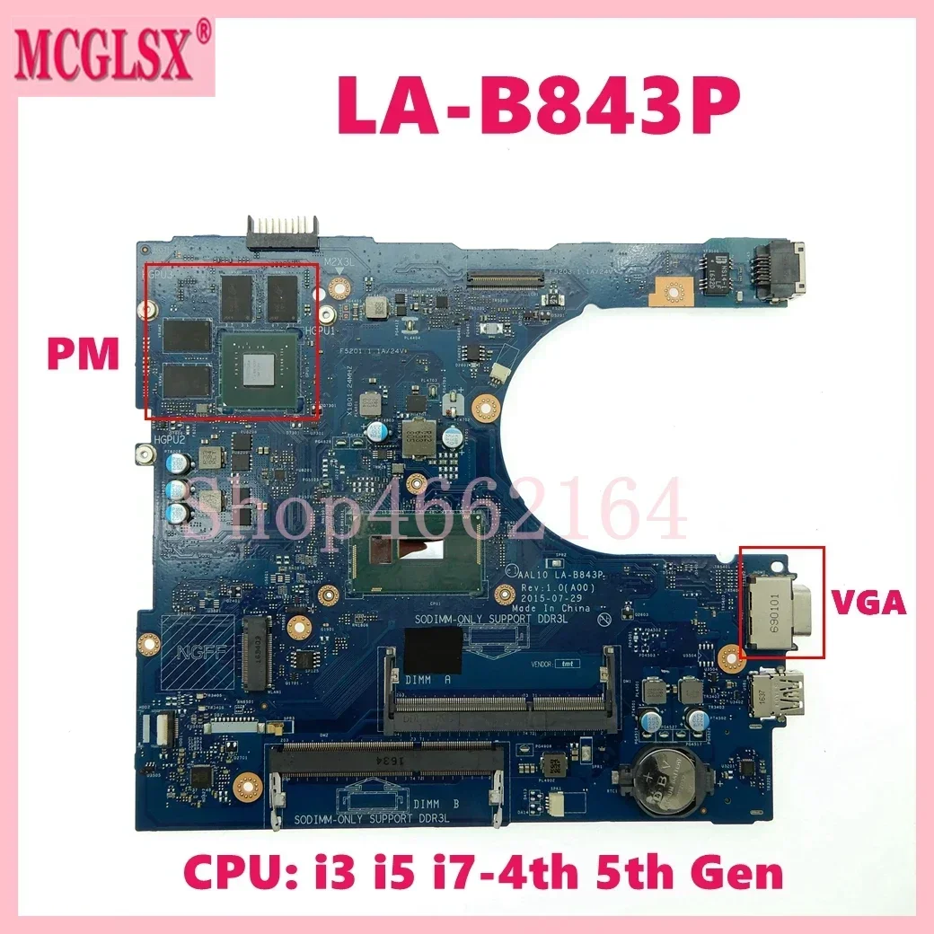 LA-B843P With i3 i5 i7-4th 5th Gen CPU UMA / PM Notebook Mainboard For DELL Inspiron 3458 3558 5458 5558 5758 Laptop Motherboard