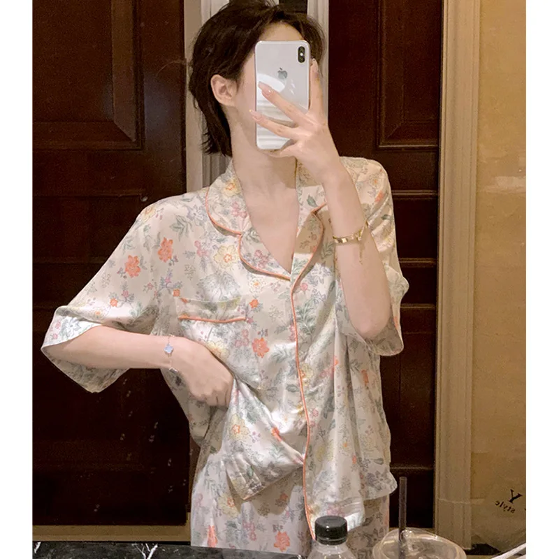 

French Rustic Small Fresh Women's Pajamas Homewear Set of Short-Sleeved Shorts Women's Summer Thin Section of Ice Silk Homewear