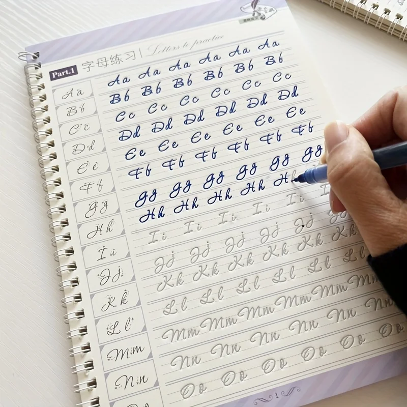 Reusable English Grooved Font Calligraphy Learning Book Letter Word Handwriting Practice CopyBook with Magic Pen
