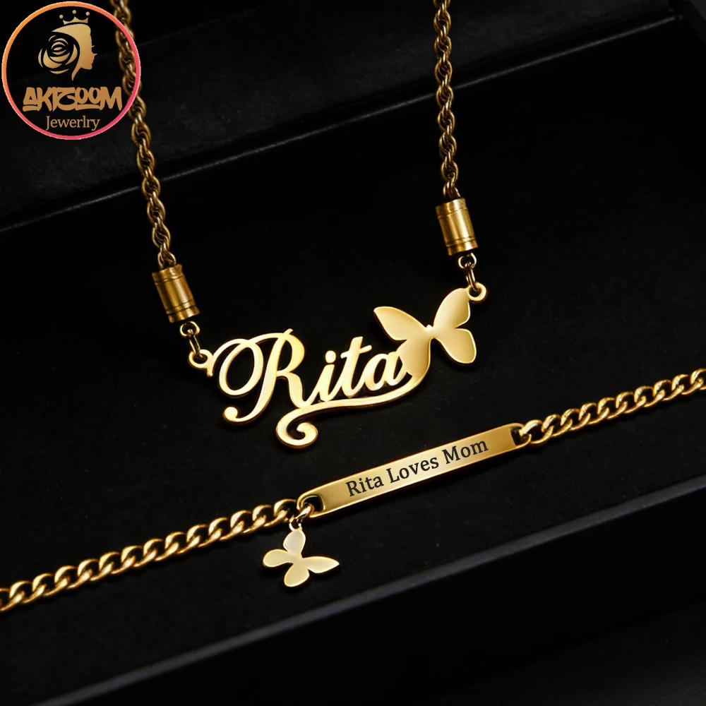 

Akizoom Custom Name Butterfly Necklaces Bracelet Stainless Steel Personalized Jewelry Set Bar Bracelet for Woman Birthday Gift