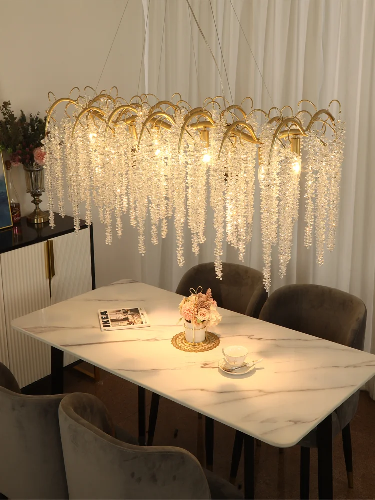 French Retro Crystal Ceiling Chandelier LED Branch Rectangular High-end Hanging Light Bar Table Pendant Lamp Room Decor Nordic