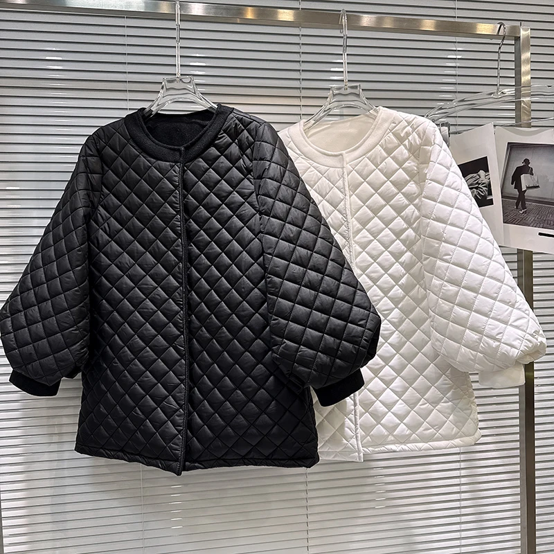 2025 winter new diamond grid pattern pressed cotton medium long loose cotton jacket women's solid simple round neck jacket