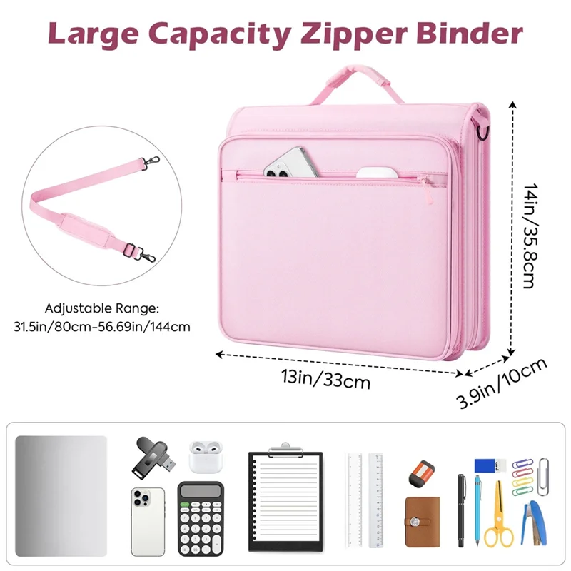 HJ-Multi-Pocket 2 Inch Zipper Binder With 3 Ring Design, 500 Sheet Capacity 5 Tab Expanding File Folder, Zipper Bag Pink
