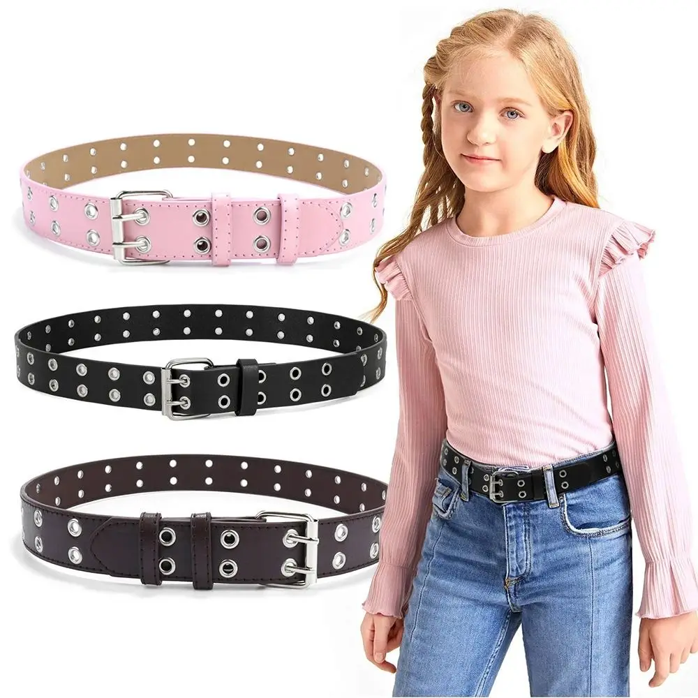 Casual Punk Waistband Solid Color PU Leather Waist Belts Double Holes Adjustable Waist Strap Children