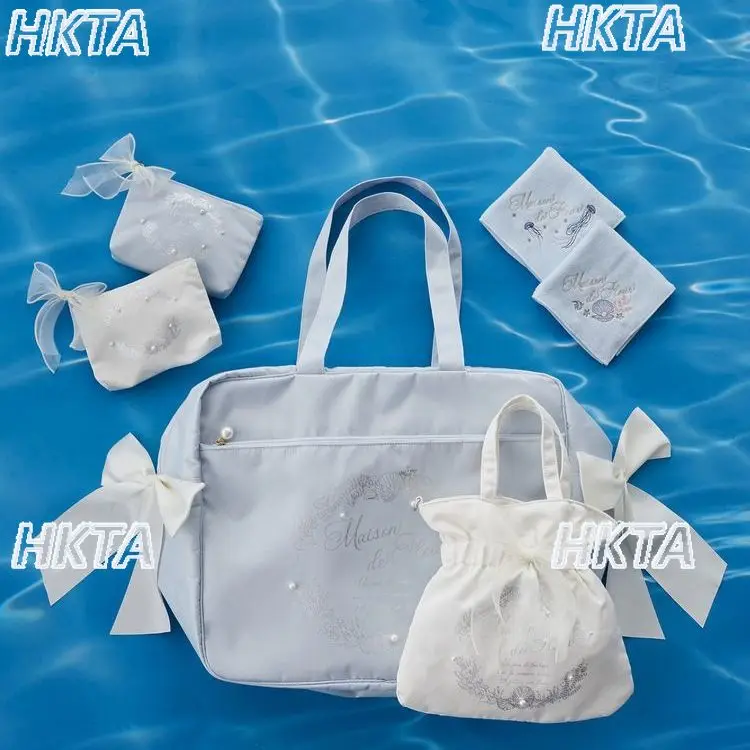 

Japanese Style Summer New Cool Cute Shell Pearl Beige Travel Tote Bag Women Mine Letter Embroidery Bow Satin Backpacks Ladies