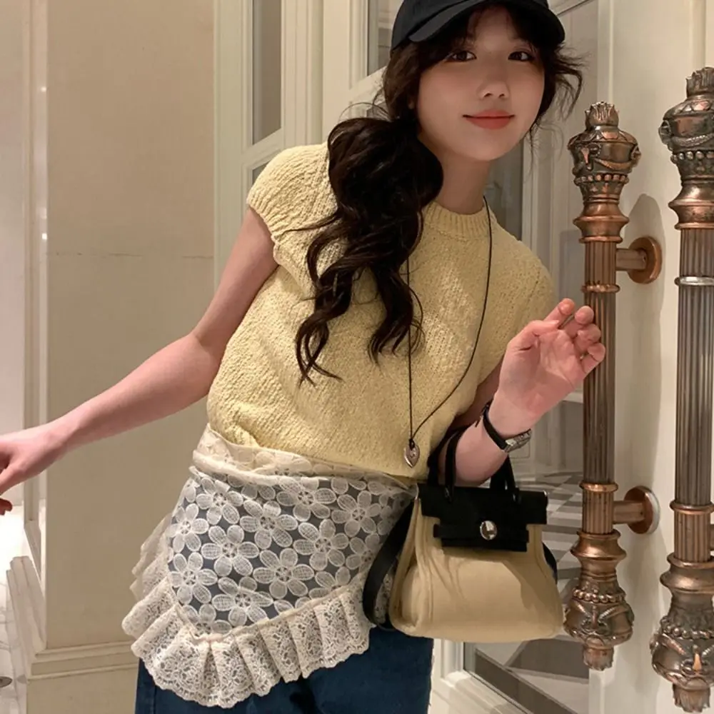 Rok Mini Renda Manis Lembut Rok Kasa Bunga Gaya Korea Rok Tepi Ruffle Pinggang Tinggi Bertali Anak Perempuan