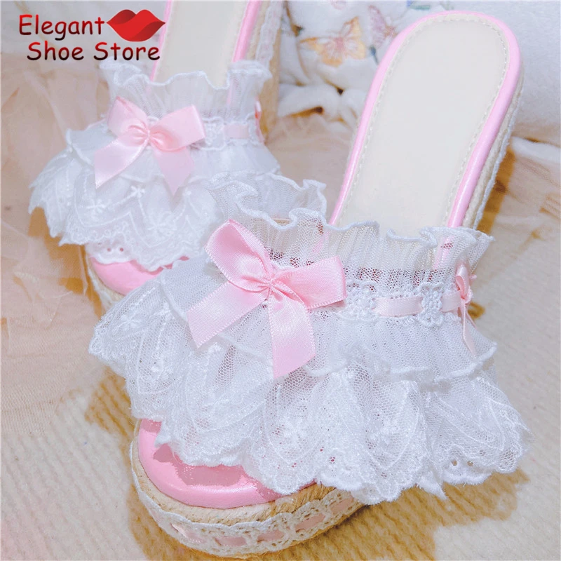 Summer New Woven Wedge Sandals Sweet Pink Bow White Lace Thick Soled High Heels Slippers Elegant Women Party Lolita Shoes