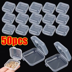 Mini caja de almacenamiento de plástico, contenedor de pastillas portátil cuadrado transparente, soporte para joyería, embalaje de pendientes, caja de exhibición, 50/1 piezas