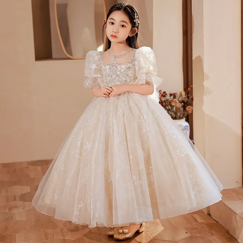 

Children's Dress for Girls 3-14 Year Light Champagne Mesh Princess Dress Flower Kids Wedding Host Piano Performance Formal Dress