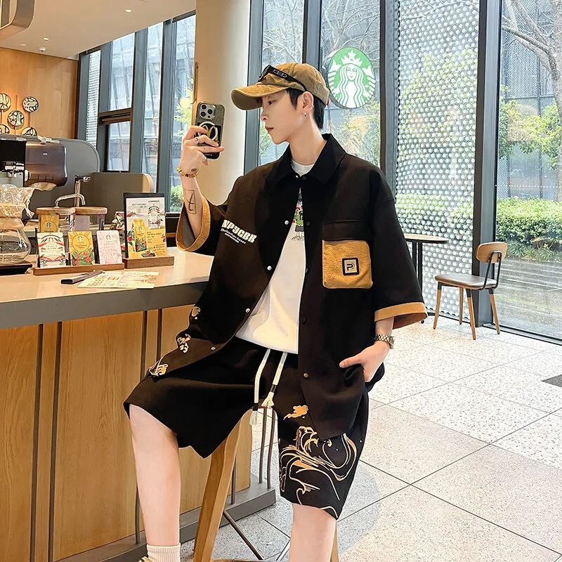 Summer  Chinese-style suit for teenagers, fashionable, individual and trendy, versatile shirt, short sleeve and shorts for men