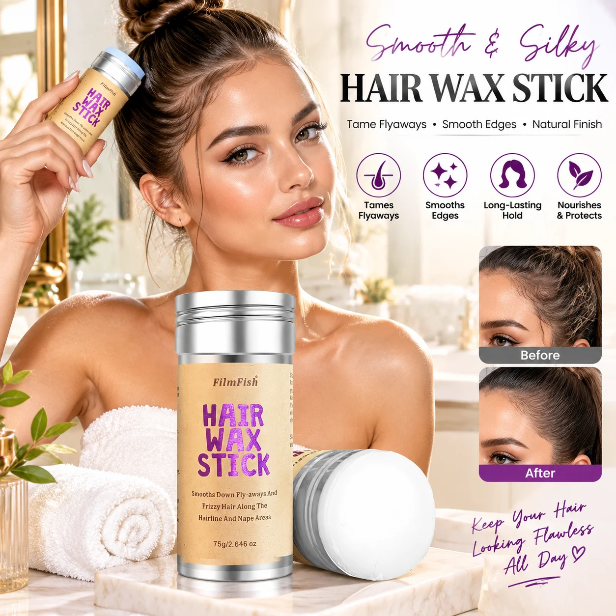 Hair Wax Stick for Flyaways Frizzy Hair, Non-Greasy Edge Control Hair Smoothing Stick, Tame Baby Hairs Broken Hair for Hairline Nape Temples, Natural Hold No White Residue, Portable Mess-Free Hair Styling Wax for Daily Travel Office Touch-Up 75g
