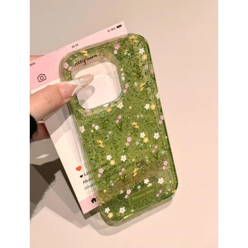 Luxurious green floral sequin case suitable for iPhone 11 12 13 14 15 16 Pro Max cartoon phone case protective cover view 3