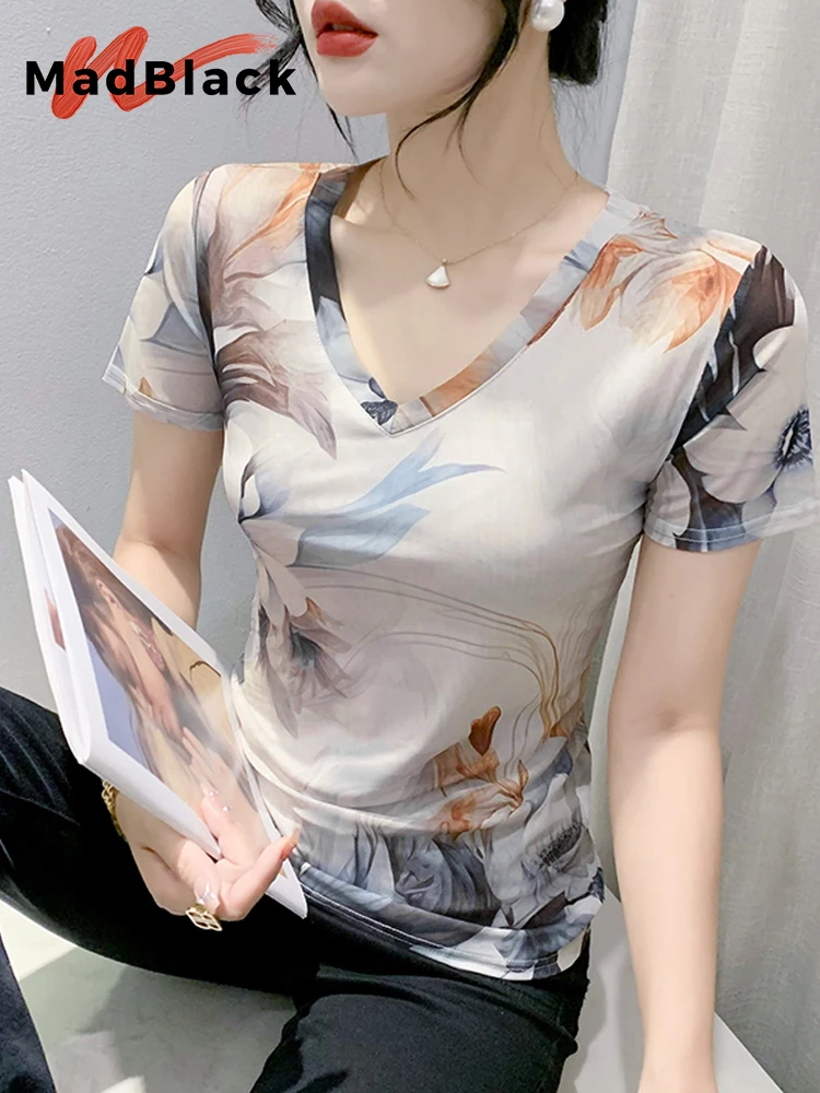 MadBlack European Clothes Tshirt Women Sexy Position Print Round Collar Slim Mesh Tops Short Sleeve Stretchy Tee Summer T37534JC