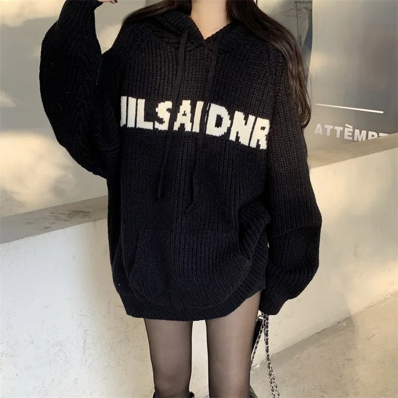 Women's Black Hoodies Pullover Knitted Sweater Vintage Harajuku Casual Y2k 90s Aesthetic Long Sleeve Knit Sweaters 2000s Clothes