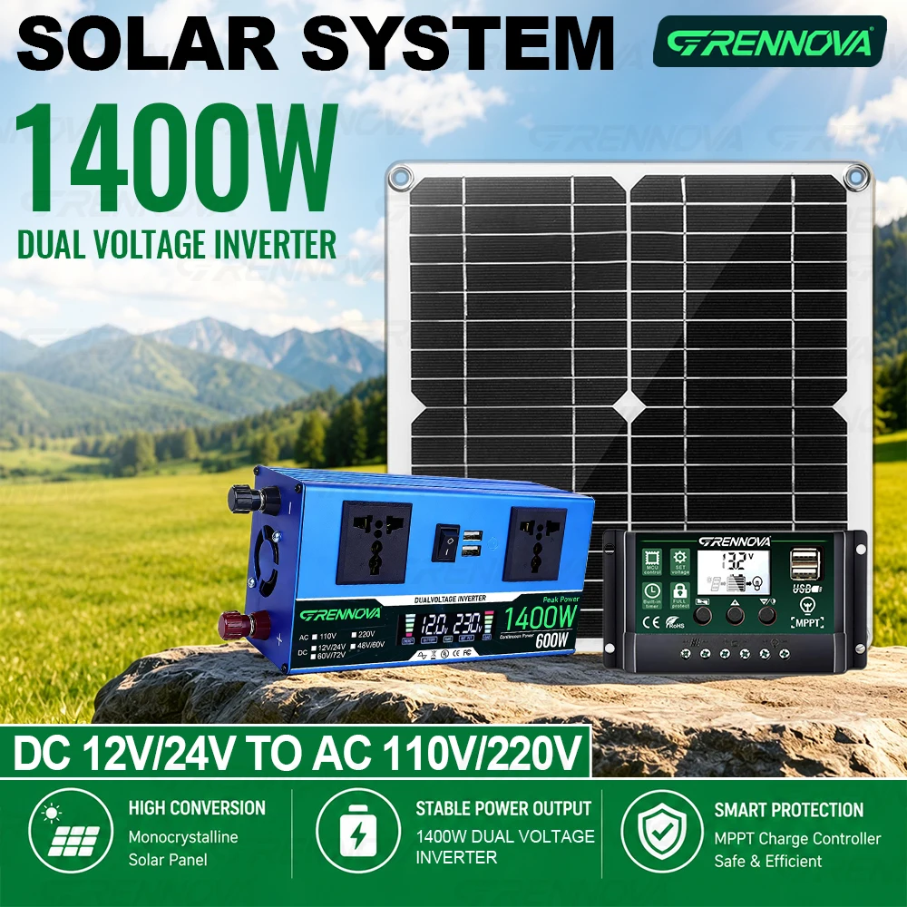 

GRENNOVA 1400W Peak Solar System Kit 600W Continuous Inverter 12V/24V to 110V/220V Panel and MPPT Controller for RV Off-Grid Use